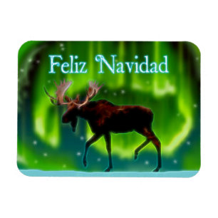 Feliz Navidad - Northern Lights Moose Magnet