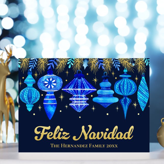Feliz Navidad Ornaments Navy Blue Watercolor  (Feliz Navidad Ornaments Navy Blue Watercolor Foil Holiday Card)