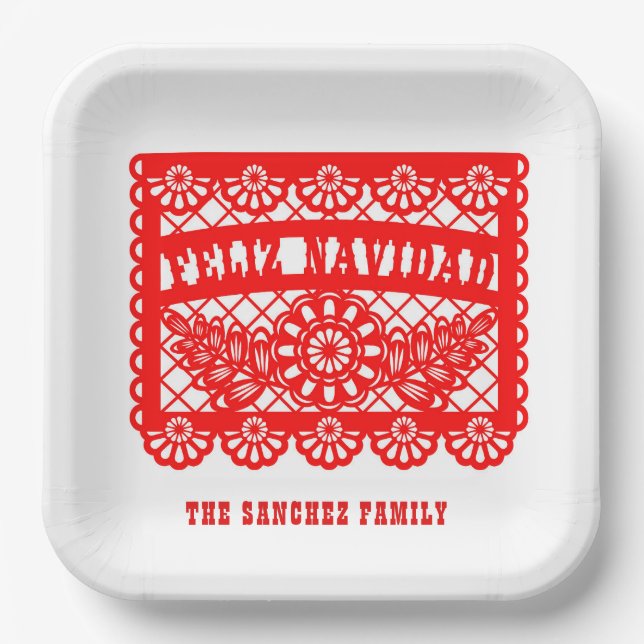 Feliz Navidad Papel Picado Paper Plate (Front)