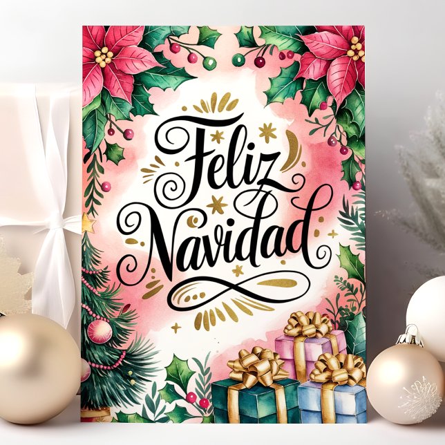 Feliz Navidad Poinsettia Christmas Holiday Card (Creator Uploaded)