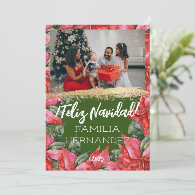 Feliz Navidad Poinsettia Family Photo Christmas Holiday Card (Standing Front)