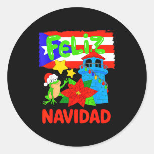 Feliz Navidad Puerto Rico Flag Floral Frog Boricua Classic Round Sticker