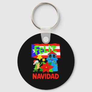 Feliz Navidad Puerto Rico Flag Floral Frog Boricua Key Ring
