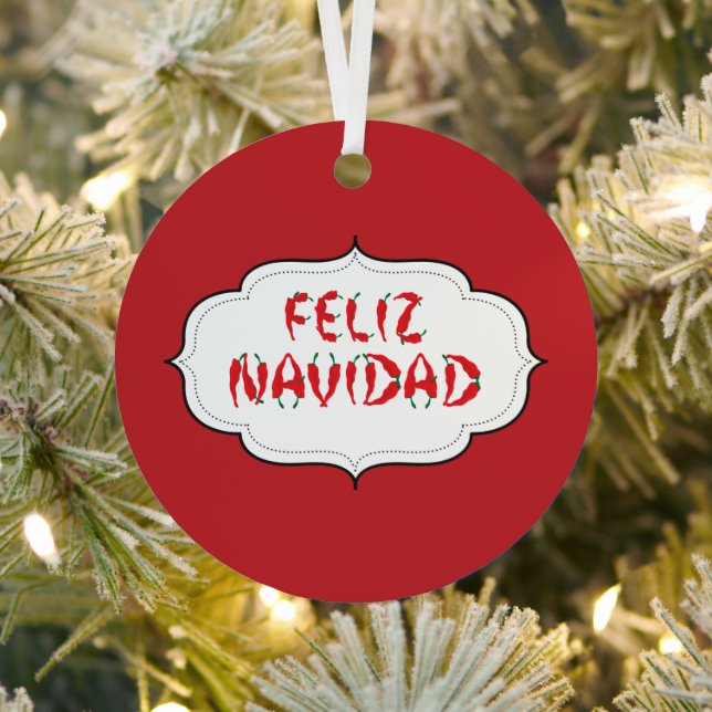 Feliz Navidad Red Chile Pepper Metal Tree Decoration (Insitu)
