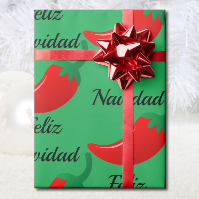 Feliz Navidad Red Chilli & Green Christmas Gift Wrapping Paper (Creator Uploaded)