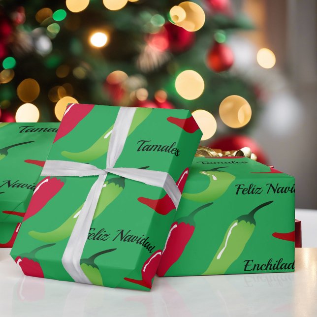Feliz Navidad Red Chilli & Green Christmas Gift Wrapping Paper (Creator Uploaded)