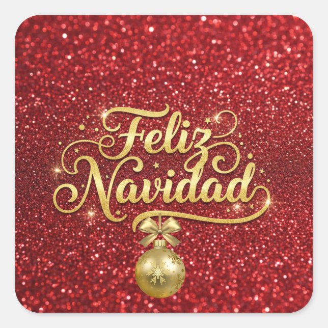 Feliz Navidad, red glitter, Square Sticker (Front)