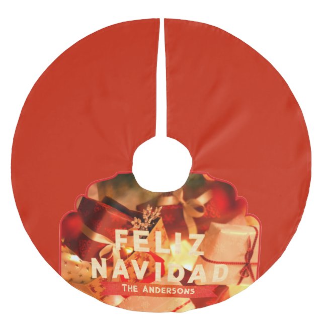 Feliz Navidad Red Gold Family Modern Christmas Brushed Polyester Tree Skirt (Front)