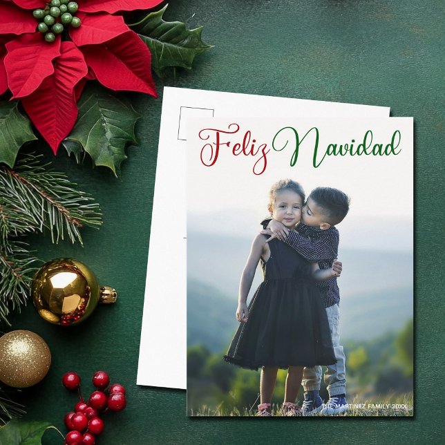 Feliz Navidad Red Green Christmas Photo Spanish Holiday Postcard (Creator Uploaded)