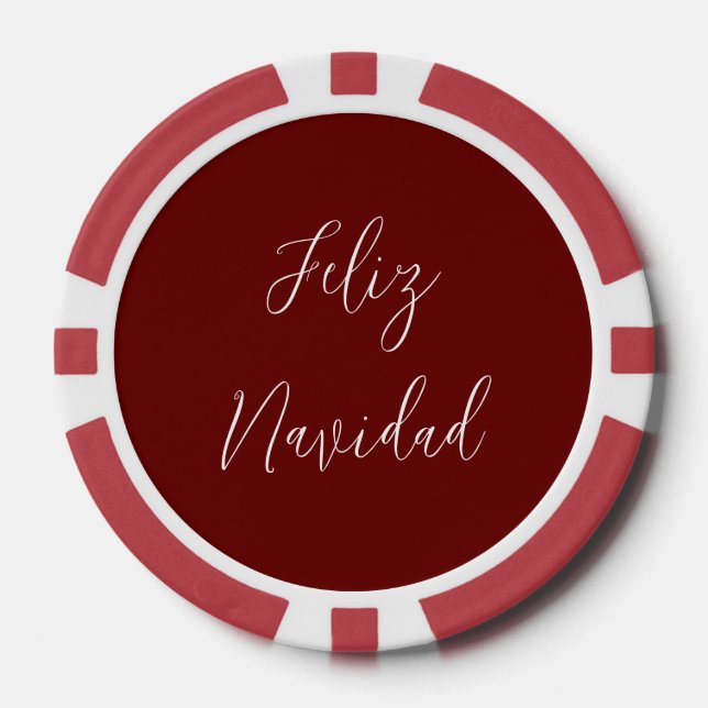 Feliz Navidad Red Merry Christmas Script Poker Chips (Front)