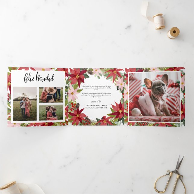 Feliz Navidad | Red Poinsettia Floral Family Photo Tri-Fold Holiday Card (Inside)