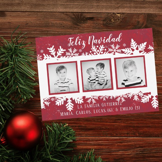 Feliz Navidad | Red Snowflake 3 Photo Rojo Holiday Card (Creator Uploaded)