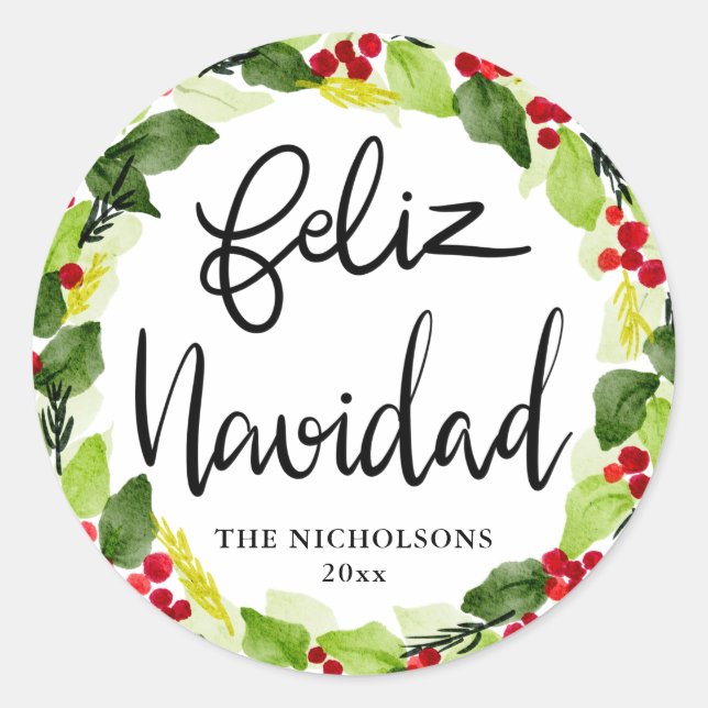 Feliz Navidad Script Red Berry Holly Wreath   Classic Round Sticker (Front)