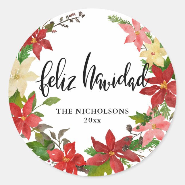 Feliz Navidad Script Red Poinsettia Floral Wreath  Classic Round Sticker (Front)