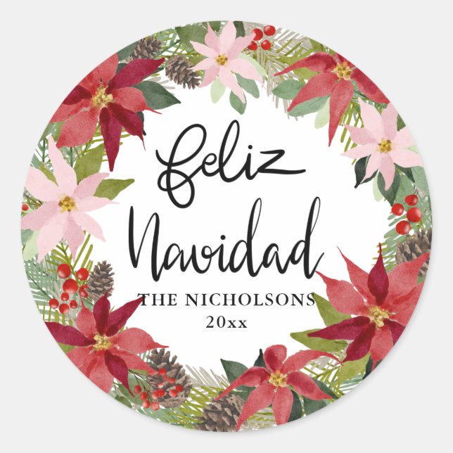 Feliz Navidad Script Red Poinsettia Wreath Classic Round Sticker (Front)