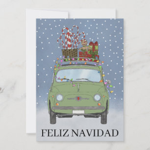 Feliz Navidad Spanish Christmas Green Fiat 500  Holiday Card