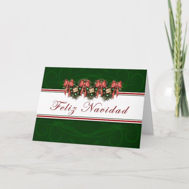 Feliz Navidad - Spanish Garland Red Bows Card (Front)