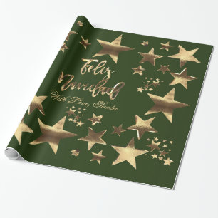 Feliz Navidad Stars Green Gold Script Christmas Wrapping Paper