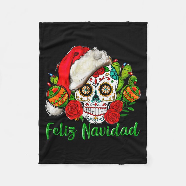 Feliz Navidad Sugar Skull Mexican Christmas  Fleece Blanket (Front)
