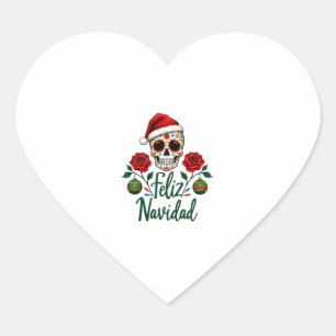 Feliz Navidad Sugar Skull Mexican Christmas T-Shir Heart Sticker