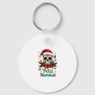 Feliz Navidad Sugar Skull Mexican Christmas T-Shir Key Ring