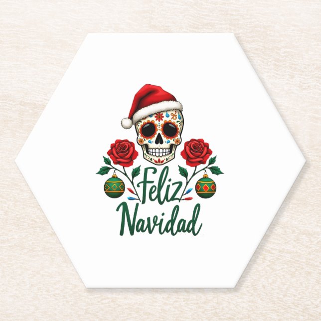 Feliz Navidad Sugar Skull Mexican Christmas T-Shir Paper Coaster (Front)