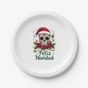 Feliz Navidad Sugar Skull Mexican Christmas T-Shir Paper Plate