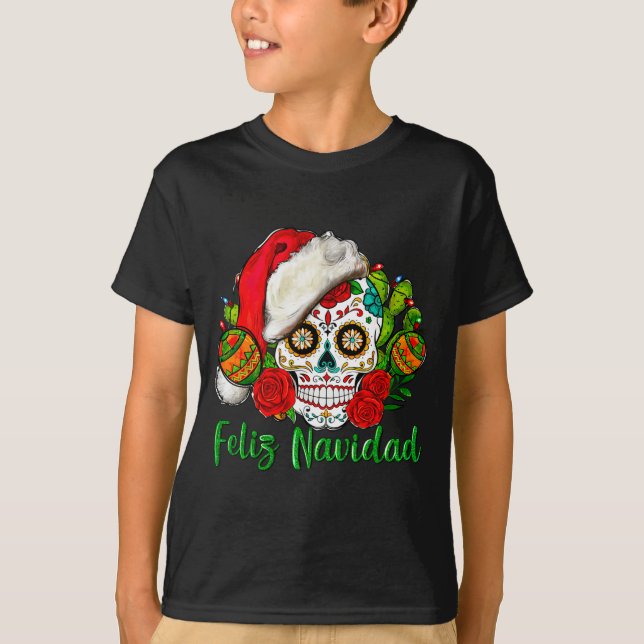 Feliz Navidad Sugar Skull Mexican Christmas  T-Shirt (Front)