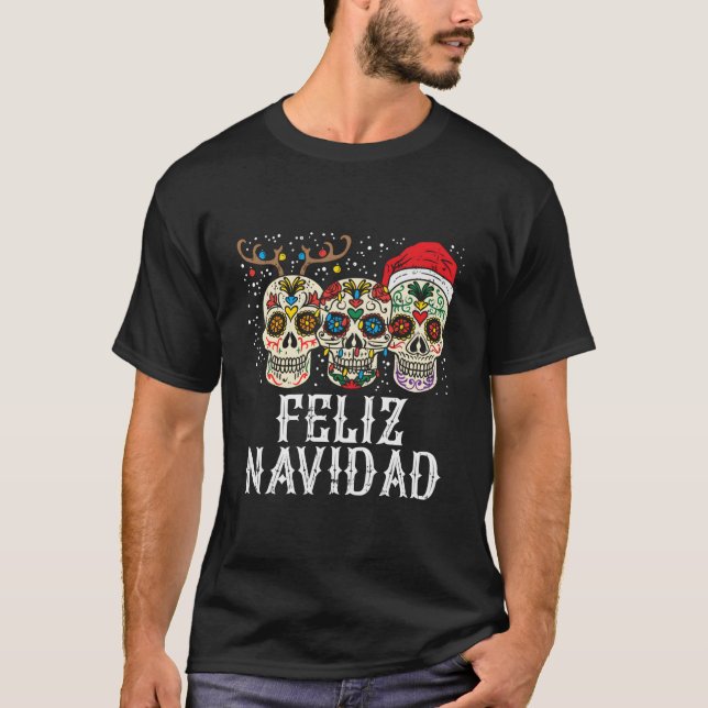 Feliz Navidad Sugar Skulls Reindeer Santa Fun T-Shirt (Front)