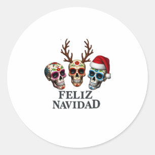 Feliz Navidad Sugar Skulls Reindeer Santa Mexican  Classic Round Sticker