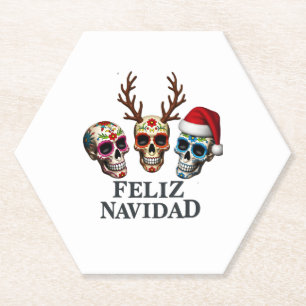 Feliz Navidad Sugar Skulls Reindeer Santa Mexican Paper Coaster