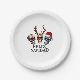 Feliz Navidad Sugar Skulls Reindeer Santa Mexican  Paper Plate