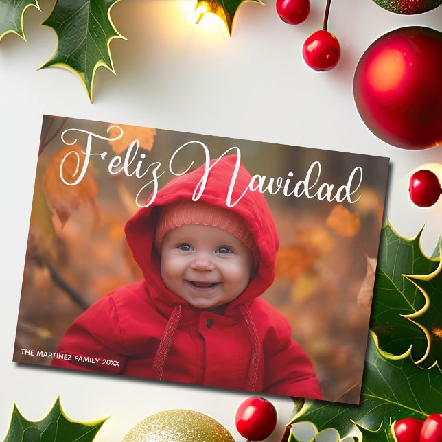 Feliz Navidad White Script Photo Spanish Christmas Holiday Card (Creator Uploaded)