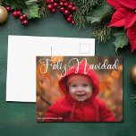 Feliz Navidad White Script Photo Spanish Christmas Holiday Postcard<br><div class="desc">Elegant Spanish Christmas photo flat postcard with beautiful cursive script in white. These modern holiday baby photograph postcards features gorgeous typography reading Feliz Navidad en Espanol and your custom text over the full bleed picture in white. Perfect to celebrate a smiling baby or happy child.</div>