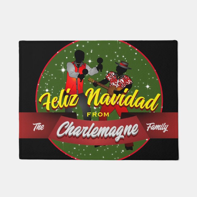  Feliz Navidad with Parranderos and FAMILY NAME Doormat (Front)
