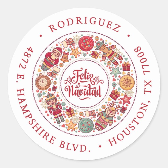Feliz Navidad Wreath Return Address Classic Round Sticker (Front)