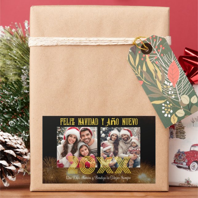 Feliz Navidad y Año Nuevo Elegant Script Photo  Rectangular Sticker (Holiday)