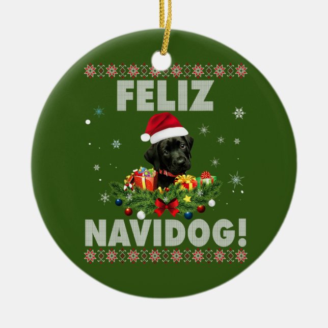 Feliz Navidog Black Labrador Dog Ugly Sweater Ceramic Tree Decoration (Front)