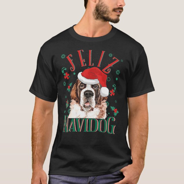 Feliz Navidog Cute Saint Bernard Dog Wearing Chris T-Shirt (Front)