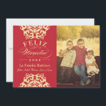 Feliz Tarjeta de la Photo by Navidad en Rojo y Oro Holiday Card<br><div class="desc">Elegante y formal,  tarjeta de la photojeta de la Feliz Navidad offers un adorno del coder de nieve Suzani decorative y el charge text that can be customized. Colors: crust with the cradle that tastes like a glossy metal texture.</div>