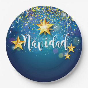 Felize Navidad Gold Stars Christmas Plate
