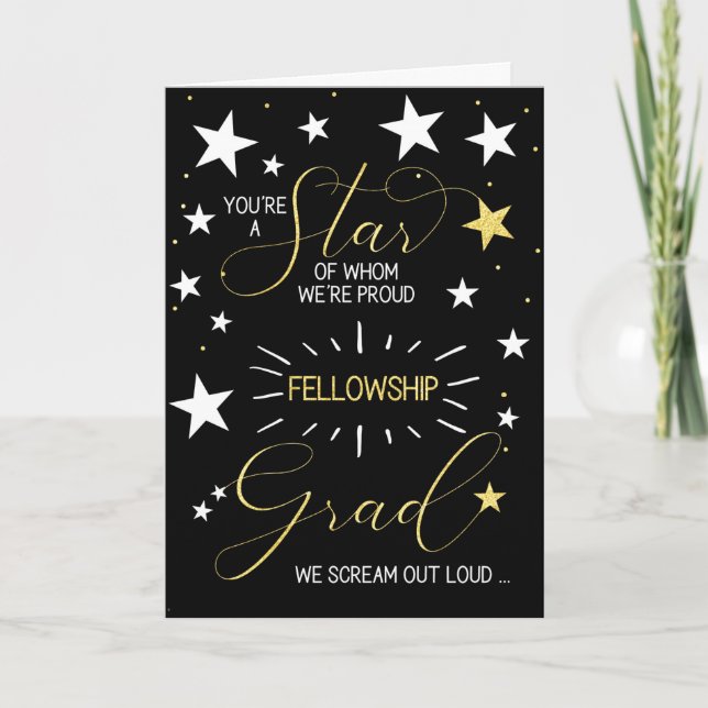 Fellowship Graduate Black Gold Stars Typography Card (Front)