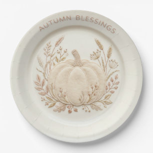 Felt Applique Autumn Blessings White Pumpkin Paper Plate