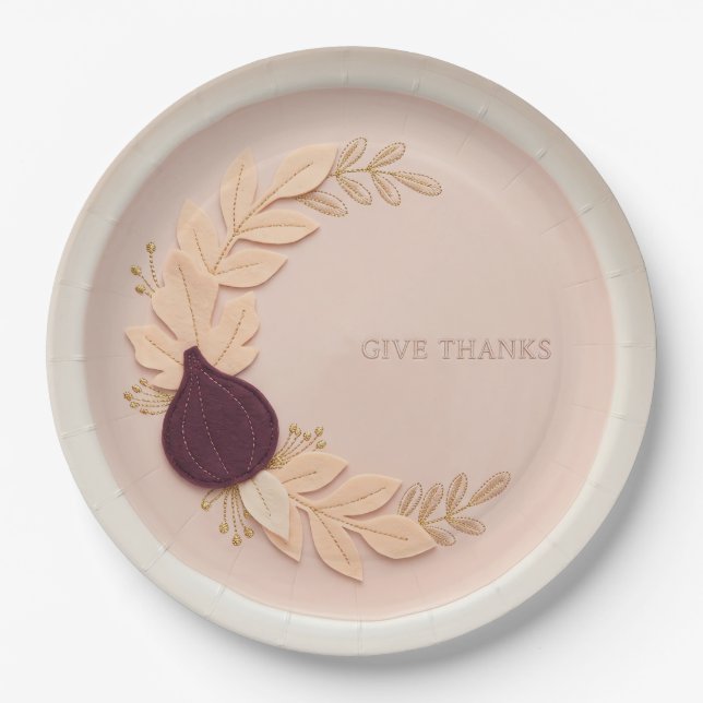 Felt Applique Give Thanks Fig Thanksgiving Paper Plate (Front)