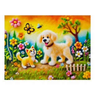 Felt Dog and Cat in Golden Sunset Garden Poster
