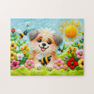 Felt Dog in a Blooming Garden with Bees Jigsaw Puzzle