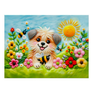 Felt Dog in a Blooming Garden with Bees Poster