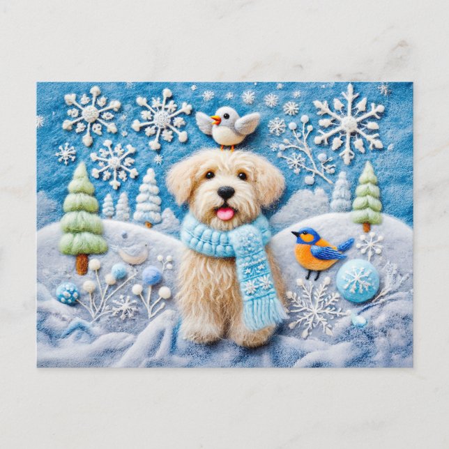 Felt Dog in Snowy Winter Scene Postcard (Front)