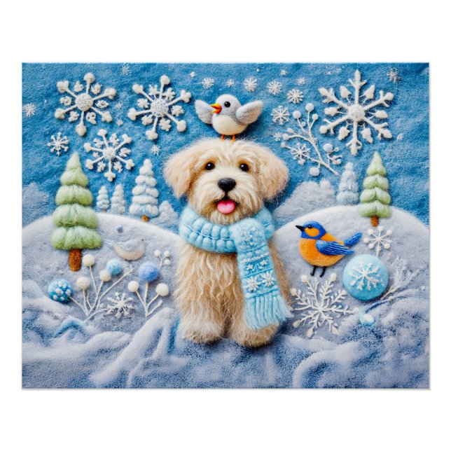 Felt Dog in Snowy Winter Scene Poster (Front)