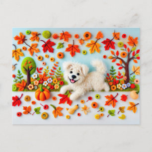 Felt Dog Playing in an Autumn Garden Postcard